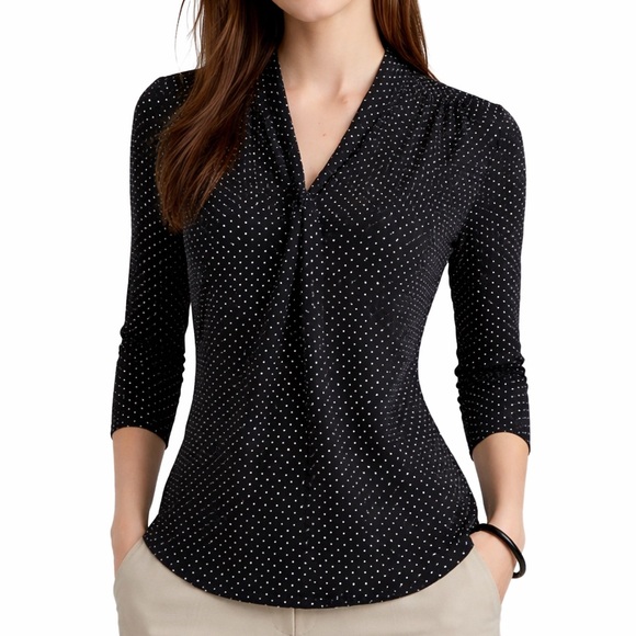 Premise Tops - Premise Polka Dot Twist Front V Neck Blouse Black White Medium Top